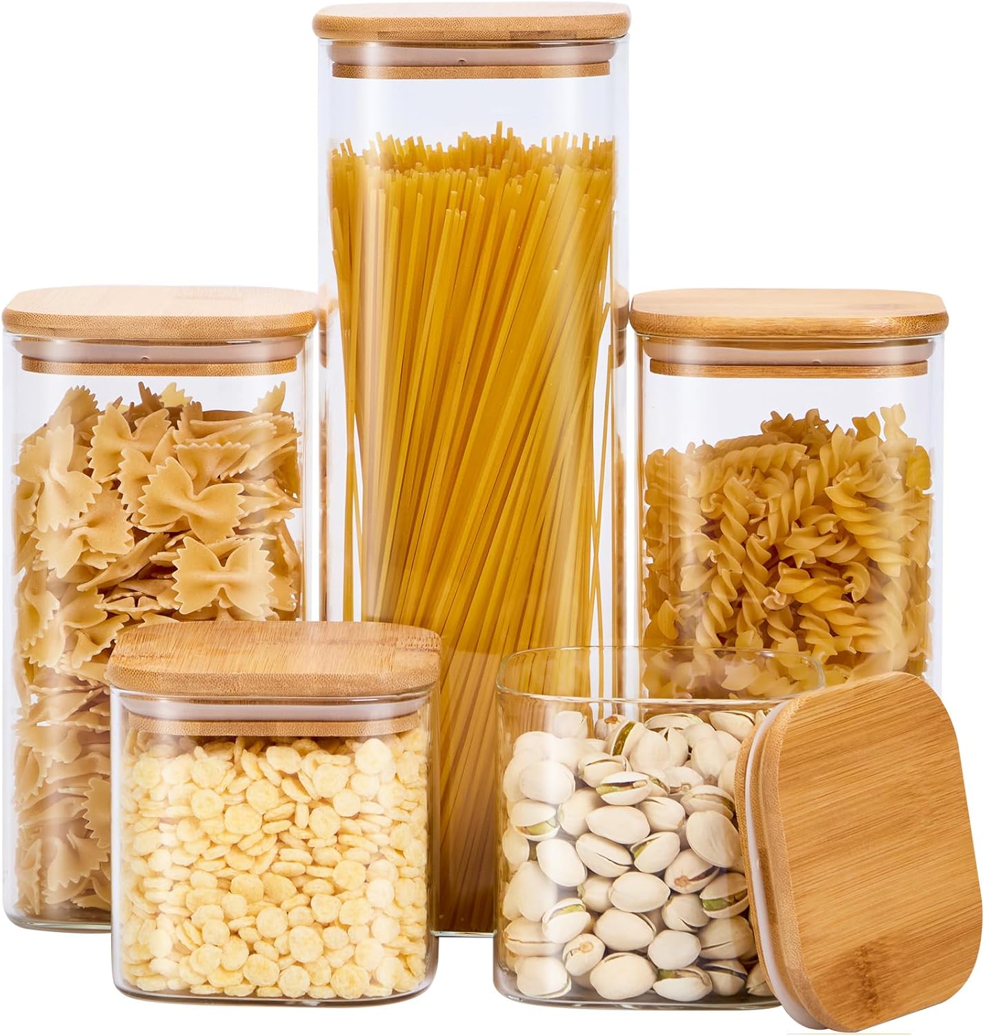 Skiennix Square Glass Food Storage Jars - BPA-Free Set of 5 for Organizing Pasta, Cookies, Nuts & More