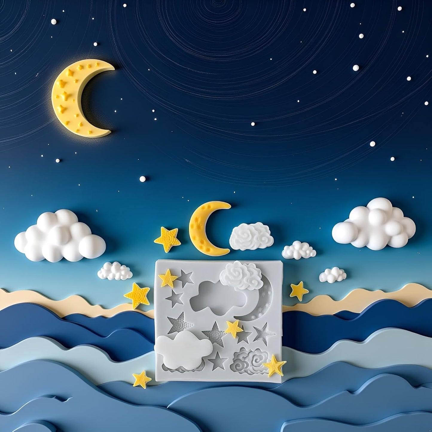 3Pcs White Star Moon Clouds Shaped Silicone Fondant Molds, Candy Chocolate Molds for DIY Cake Fondant Cookie Cloud Fondant Mold Moon For Candy Baking Sugar Cakes Decorating Candy Making Supplies