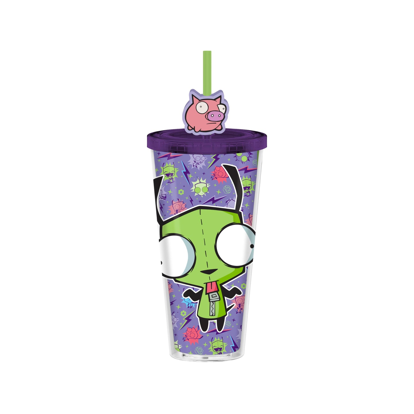 Silver Buffalo Invader Zim Gir Pattern Plastic Cold Cup with Lid and Straw Topper, 24 Ounces