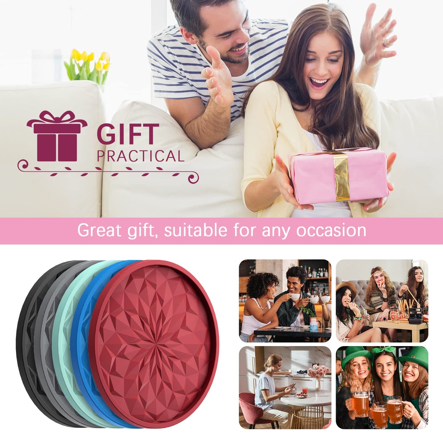 ME.FAN Silicone Coasters with Holder,[6 Pack] Drinking Coasters - Cup Mat for Hot or Cold Drinks, Thickened, Non-Slip, Non-stick,Deep Tray Yellow
