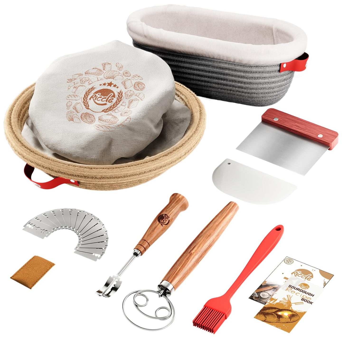 Riccle Sourdough Starter Kit – Bread Baking Supplies & Bread Making Tools with Cotton Rope Proofing Basket (9” Round & 10” Oval), Bread Lame with 15 Blades, Dough Whisk, Bowl Scraper & Silicone Brush