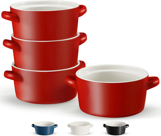 Kook Soup Crocks - Stackable Ceramic Bowls | Oven, Microwave & Dishwasher Safe | 18 oz Capacity, Set of 4 - Matte Red