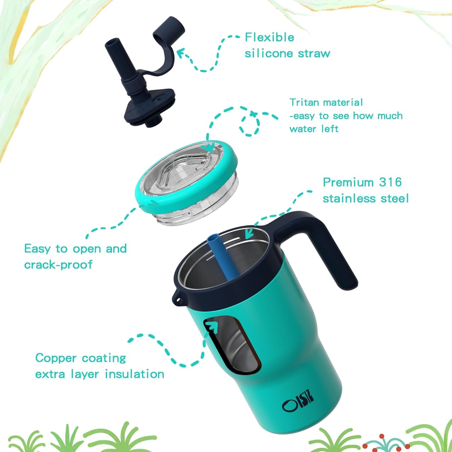 OISIZ 14oz Kids Tumbler - Leakproof Stainless Steel Cup with Straw Lid & Handle | Dark Green
