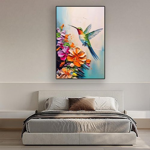 **Regine Switzerland Hummingbird Wall Art - Colorful Spring Flowers Canvas Print | 16x24 in Stretched Frame**