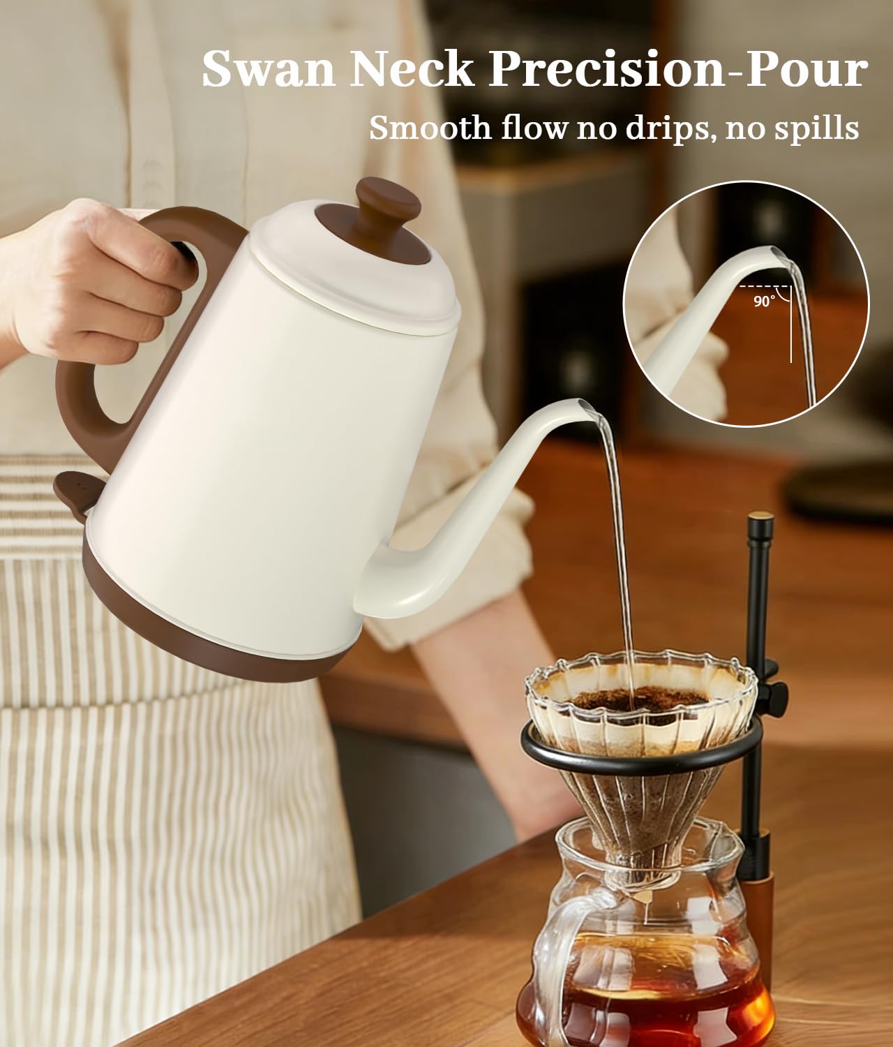 YTLAD Gooseneck Electric Kettle 1L, 1000W Fast Boiling for Pour-Over Coffee & Tea, 304 Stainless Steel BPA-Free, Precise Flow Spout, Auto Shut-Off & Boil-Dry Protection, Retro Style (White)