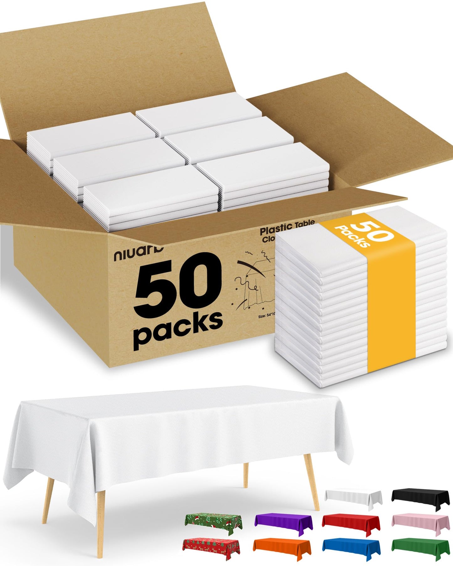 Niuara White Plastic Table Cloth - 50 Pack 54" × 108" Rectangle Disposable Tablecloths for 6FT Tables, Waterproof Table Cover for Party, Holiday & Gathering Use