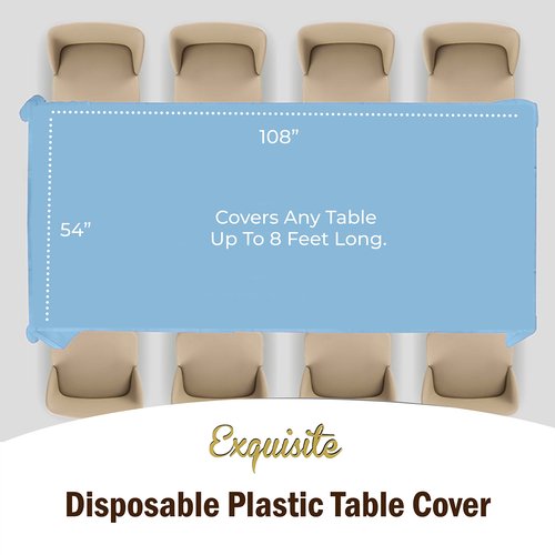 Exquisite 12-Pack Premium Plastic Tablecloth 54in. x 108in. Rectangle - Light Blue