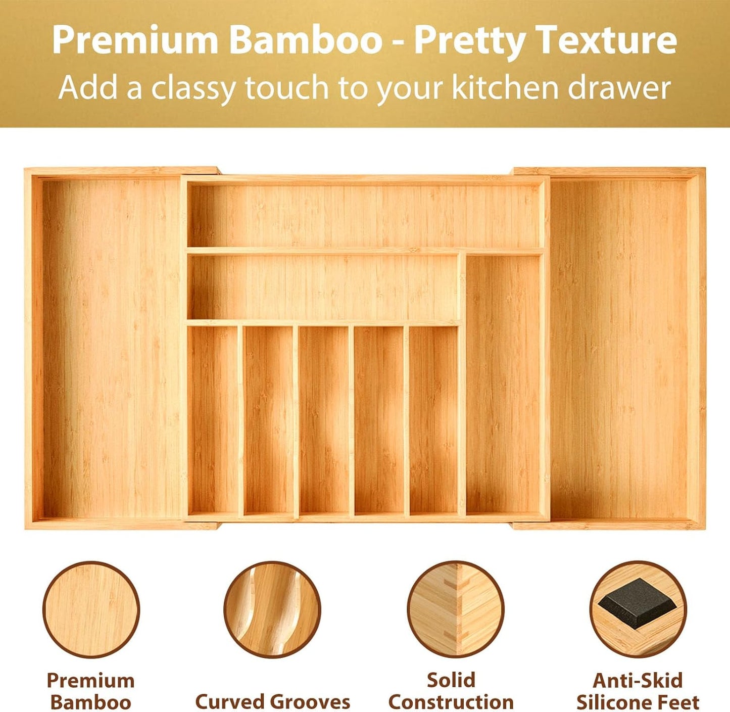 Umilife Extra Large Expandable Kitchen Utensil Drawer Organizer - Adjustable Bamboo Divider, 19" Deep