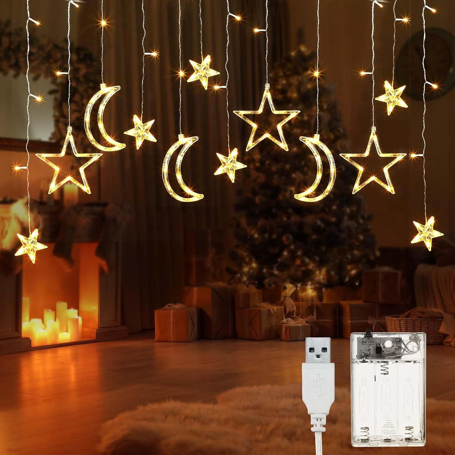 Riakrum LED Star and Moon String Lights - 11.48 ft Waterproof Warm White Fairy Lights for Bedroom & Party Decor