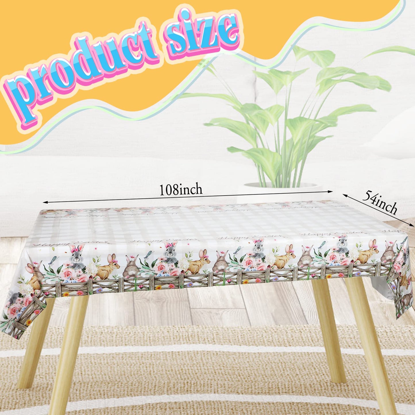 Patelai 4 Pcs 54 x 108 Inch Happy Easter Bunny Table Cloth Rectangle Plastic Easter Flowers Table Cover Spring Tablecloth Party Decorations for Home Picnic Dinner