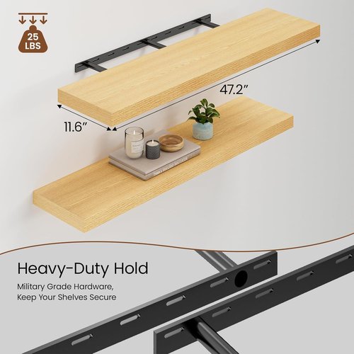 Heimlove Floating Shelves - Set of 2, 12-Inch Deep Wood Wall Shelves for Home Office & Living Room - Oak Finish