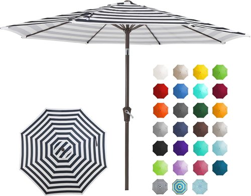 JEAREY 9FT Outdoor Patio Umbrella - Push Button Tilt & Crank | UV Protection, Waterproof, Black & White Stripe