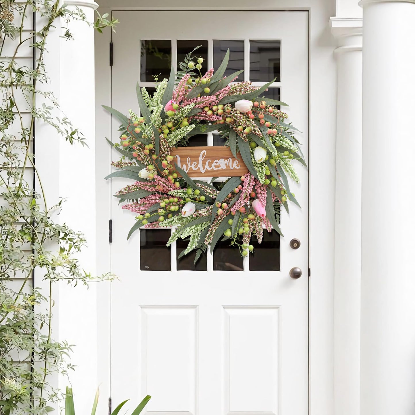 Wreaths for Front Door 20 Inch Spring Summer Tulip Wreath withTulip,Berries,Boxwood and Cattails Welcome Door Wreath, Porch, Window -Green Decor for Home, Farmhouse - Spring, Summer, Fall, All Seasons