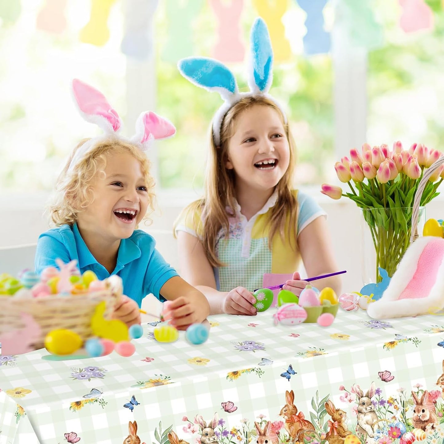 NovaHance 3 Pcs Easter Plastic Tablecloth, Happy Easter Bunny Table Cover, Disposable Rectangle Eggs Table Cloth for Spring Day Tables Decorations and Party Supplies, 54 x 108 Inch