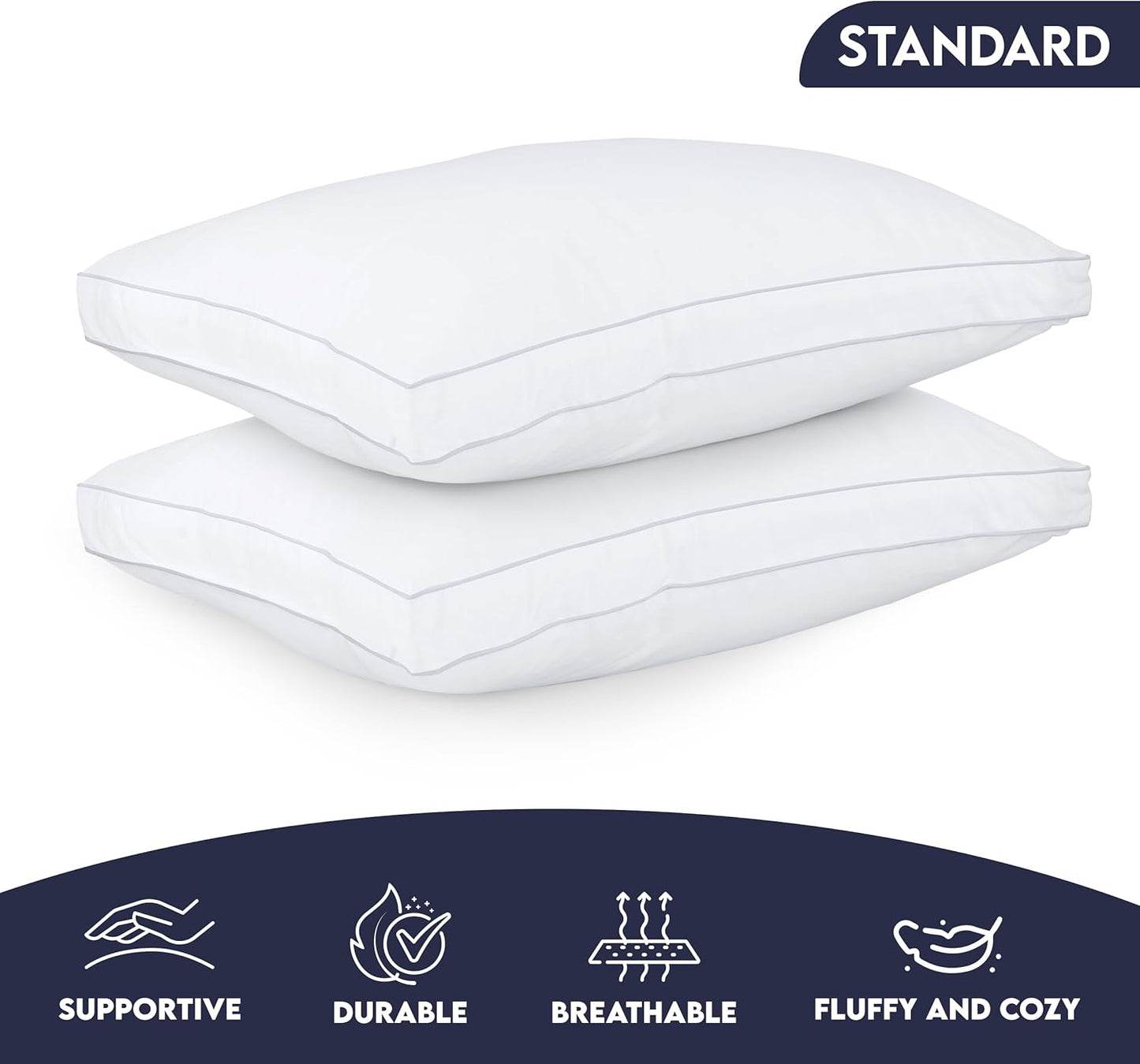 Utopia Bedding Standard Size Bed Pillows - Soft & Fluffy Down Alternative | Set of 2, Cooling Gusseted Design