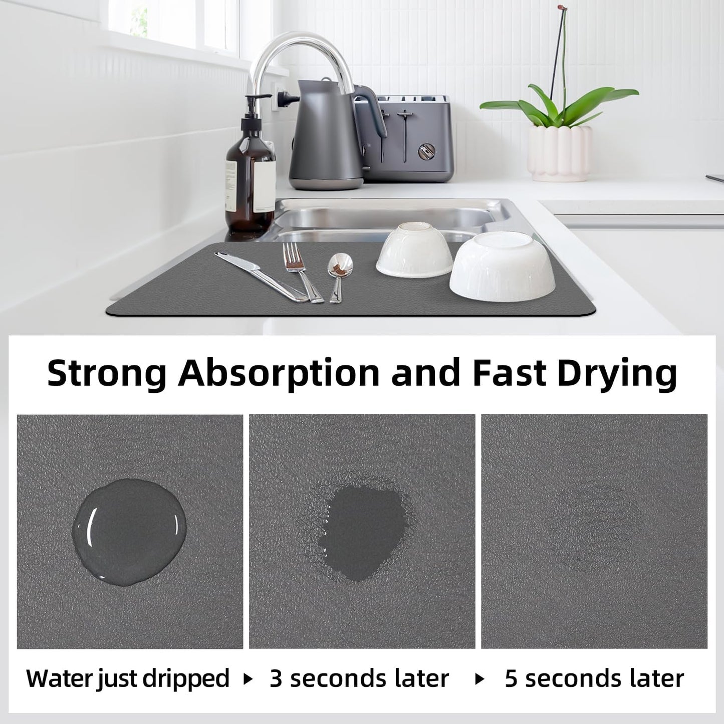 LOPNUR Dish Drying Mat - Super Absorbent Diatomite Kitchen Counter Pad | 24"x16" Grey with Anti-Slip Backing