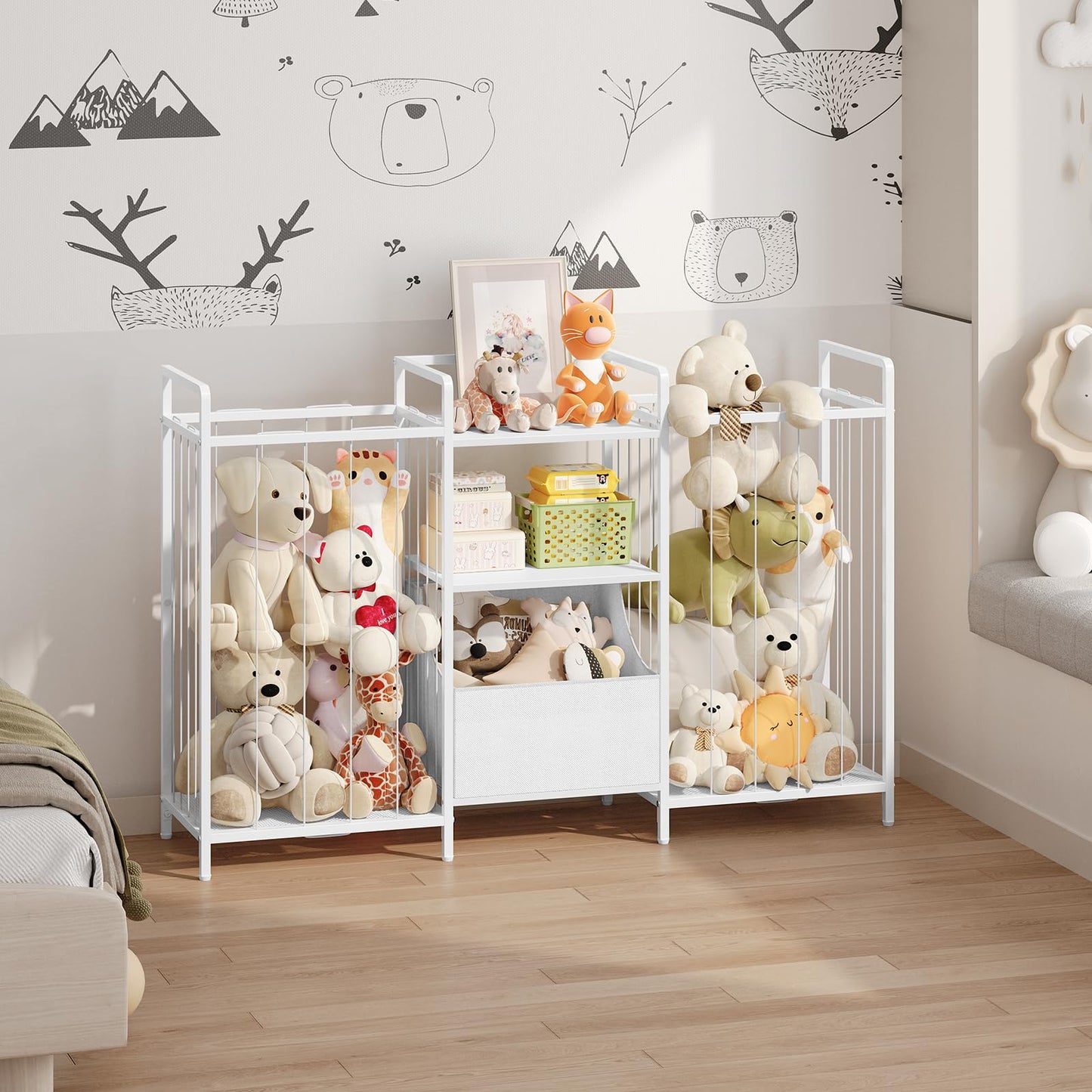MAHANCRIS Stuffed Animal Storage, Large Stuffed Animal Net with Kids Bookshelf and Toy Storage, Double-Sided Plush Toy Holder with Movable Fabric Box for Kids Room, Playroom, Nursery, White TBWT17101