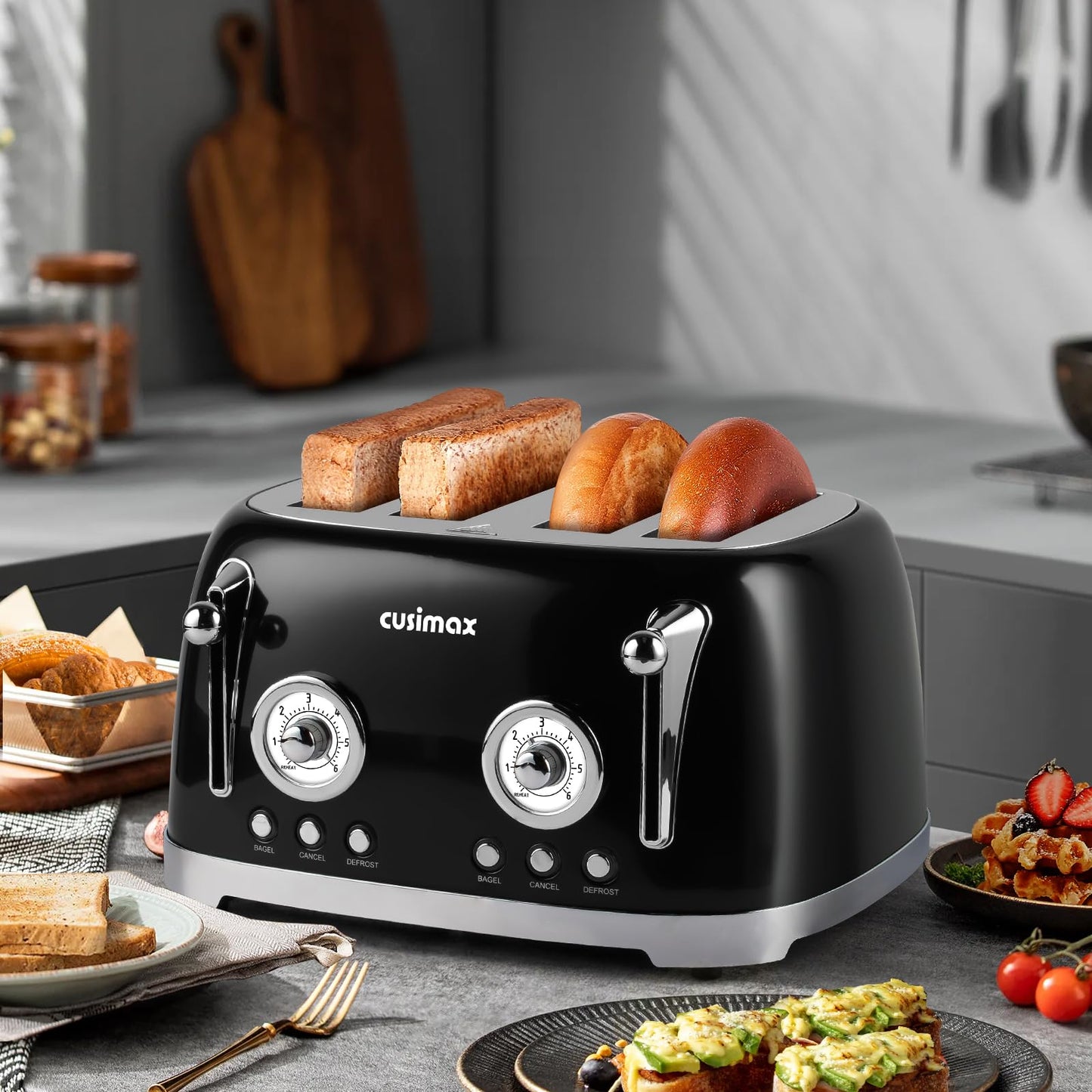 CUSIMAX Toaster 4 Slice, Retro Toaster with Wide Slots for Bagels, Stainless Steel with 6 Toast Settings, Bagel, Cancel, Defrost & Reheat Functions, Dual Independent Control Panels, Black