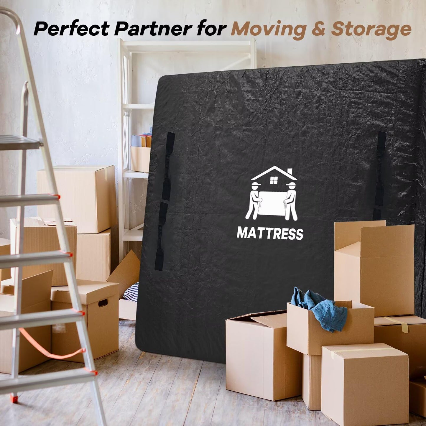 Mattress Bags for Moving, BETU Mattress Protector Waterproof Mattress Cover Queen Size Storage Bags with 8 Heavy-Duty Handles and Zipper for Bed Extra Thick Large Reusable (82"x62"x15" Black)