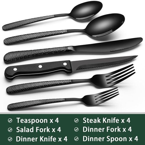 EWFEN 24-Piece Black Silverware Set with Steak Knives, Black Flatware Set for 4, Food-Grade Stainless Steel Tableware Cutlery Set, Mirror Finished Utensil Sets for Home Restaurant, Round Hammered