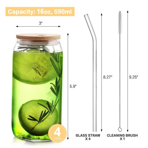 HOMBERKING Glass Cups with Bamboo Lids and Straws 4pcs Set, 16oz Can Shaped Drinking Beer Glasses, Iced Coffee Cups, Cute Tumbler with 1 Cleaning Brush, Ideal for Cocktail, Whiskey, Tea, Gift