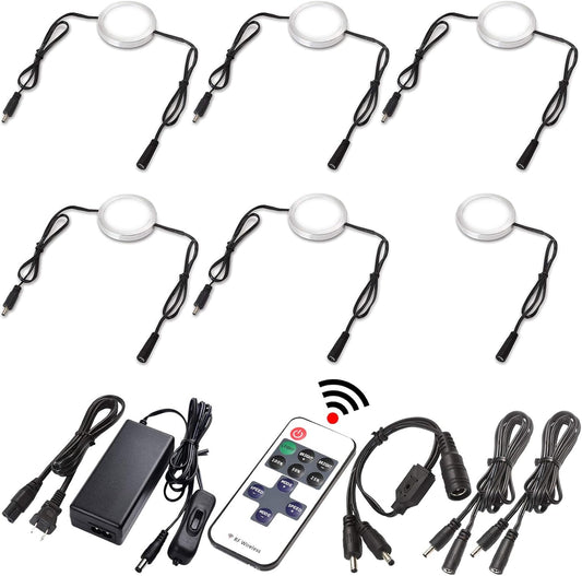 Slim Under Cabinet LED Puck Lights, 110V Wired Accent Lighting Kit, Plug-in & Direct Hardwiring, Daisy Chained linkable, RF Remote Dimmable, Black Cables, Warm White 2700K, 12 Lights
