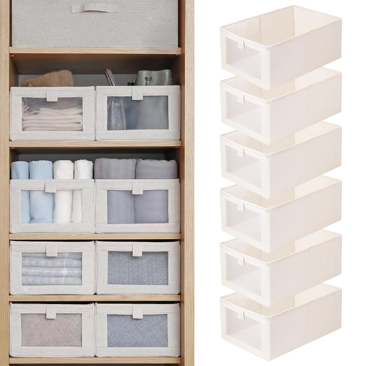 Linen Closet Organizers And Storage, 6 Pack Closet Storage Bins Linen Closet Baskets for Closet Organization Foldable Closet Organizer Bins with Clear Window For Organizing Clothing, Jeans, Shelves