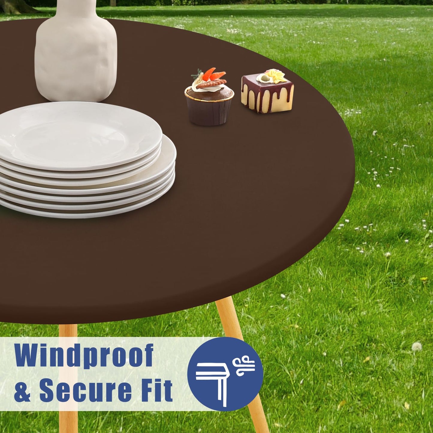 Moosfor Round Spandex Tablecloth, Elastic Fitted Waterproof Tablecloths for 18"-24" Tables, Stretch Washable Picnic Table Cover for Camping, Dining, Indoor and Outdoor, Coffee