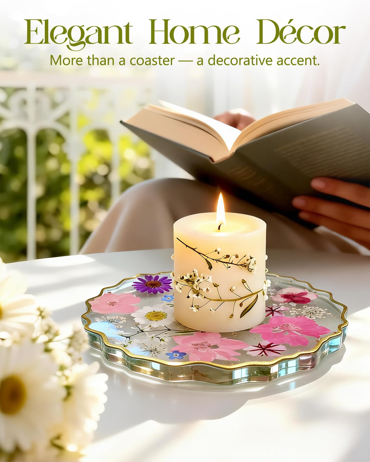 Oqplog Resin Drink Coaster for Desk Coffee Table-Pink White Cute Dried Flowers Cup Coaster for Work Office Home Outdoor Decor Gifts for Girls Women,1 Pcs Wave