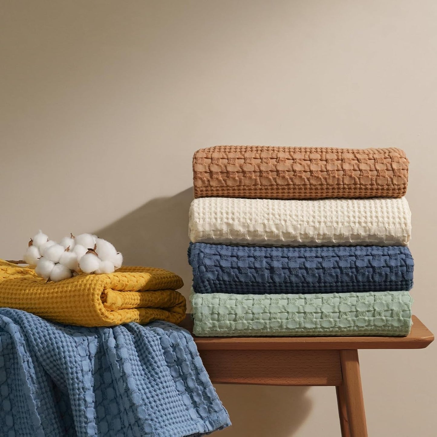 PHF 100% Cotton Waffle Weave Blanket - Soft, Lightweight & Breathable Queen Size | Light Taupe/Oatmeal, All-Season Comfort