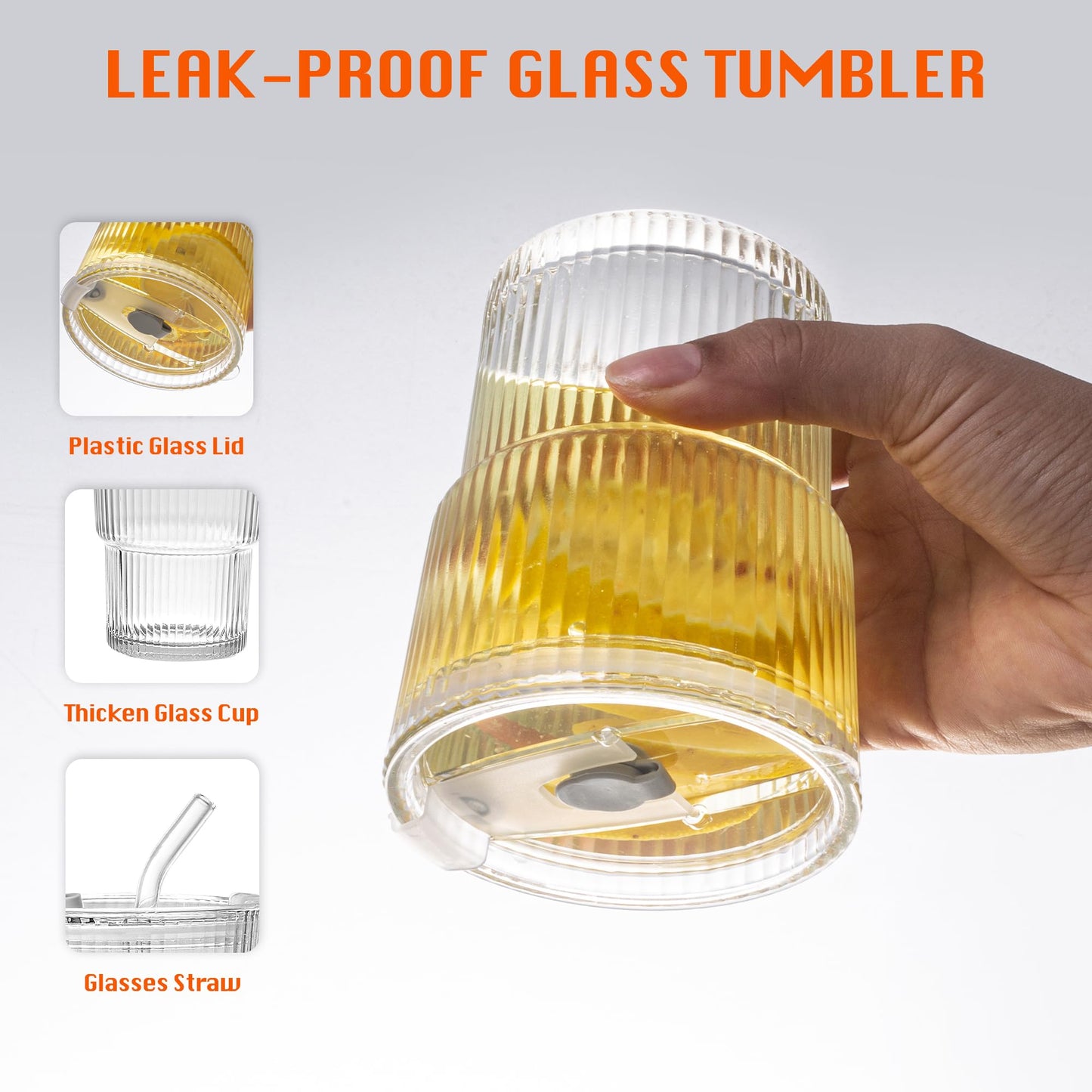 ALYBIT 13oz/400ML Glass Tumbler with Straw and Lid Ribbed Vertical Ice Coffee Cups Sealed Carry on for Coffee Iced Tea, Thick Wall Glassware Tumbler Water Glass (Clear 1pc)