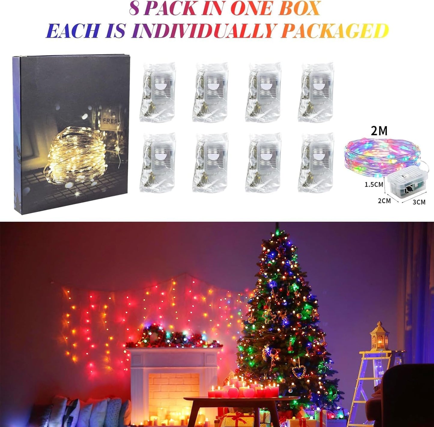 ZGWJ Fairy Lights - 8 Pack Battery Operated 7ft Mini LED String Lights | 3 Modes for DIY & Party Decor