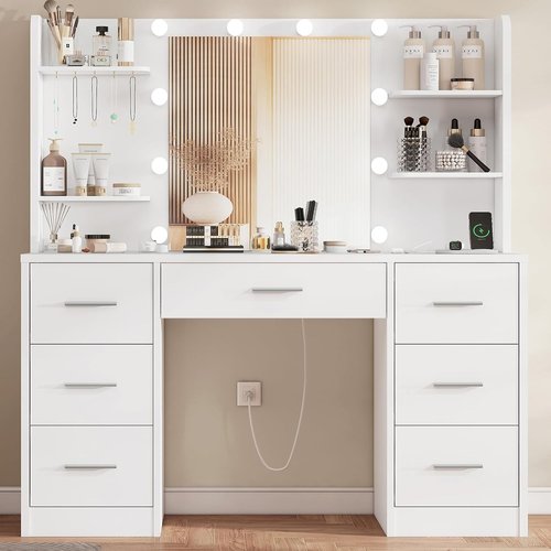 FIONESO Vanity Desk with LED Light Mirror & Power Outlet, 3 Adjustable Light Color, Makeup Vanity with 7 Drawers, 4 Shelves, 5 Jewel Hooks, White Vanity for Bedroom, Girls Vanity
