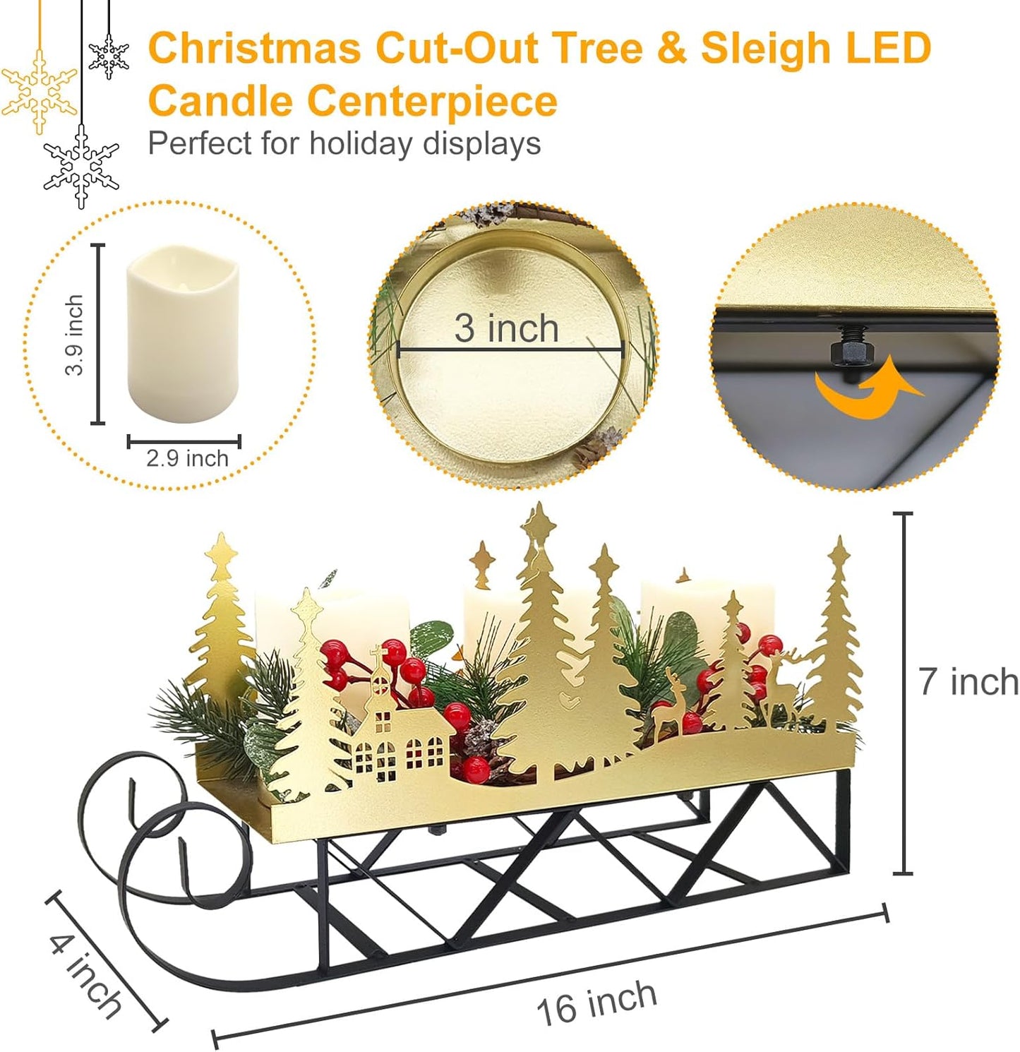 Skiennix Christmas Sleigh Table Centerpiece - Gold Cut-Out Tree LED Candle Holder with Timer for Holiday Decor
