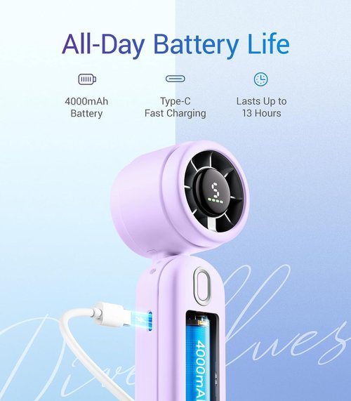 Diveblues Mini Portable Turbo Fan - 12H Max Cooling, 4000mAh Battery, 3-in-1 Handheld/Neck/Desktop Fan