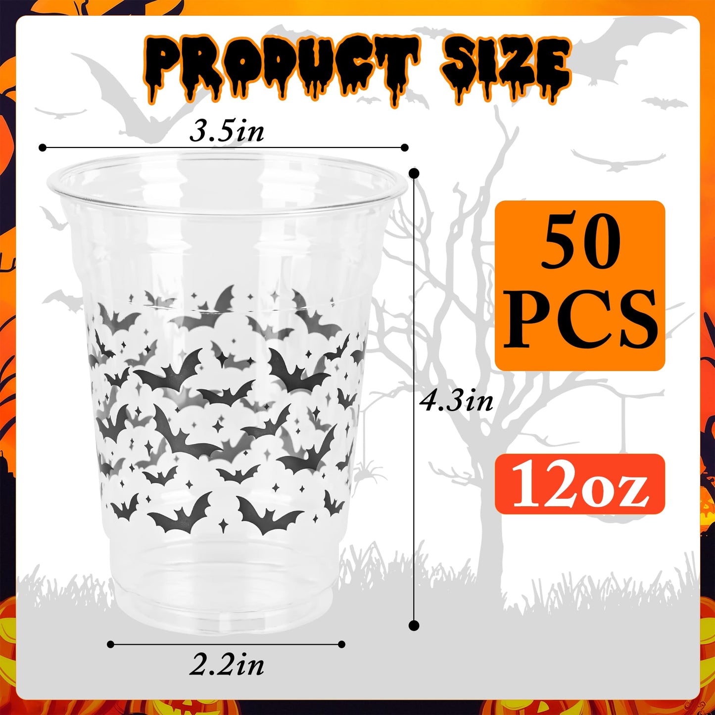 AimFun Halloween Bats Plastic Cups White Black Ghosts Disposable Party Cup Cute Spooky 12oz Clear Cups for Candy Beverage Snacks Birthday Baby Shower Party Supplies (50, Bats)