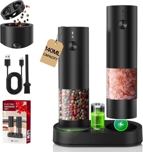 CIRCLE JOY Electric Salt and Pepper Grinder Set - Rechargeable Automatic Mill with LED Light & Adjustable Coarseness | 140ml Capacity