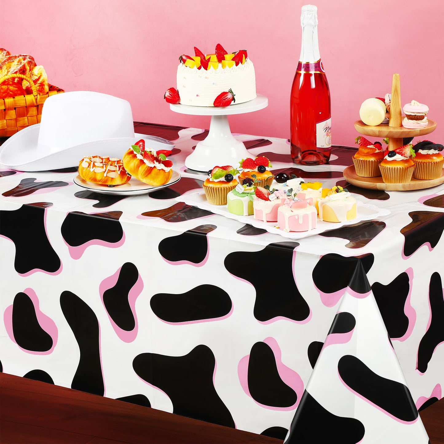 Tiamon 3 Pack Pink Cow Print Tablecloth Disposable 54x108 Inch Plastic Table Cover for Western Cowgirl Birthday Party Decorations Disco Bachelorette Baby Shower Supplies Farm Animal Theme Picnic