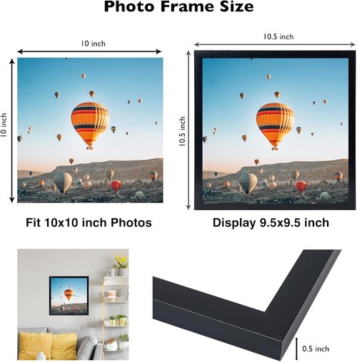 JCJMY 10x10 Black Picture Frame - Versatile Wall Mounting for Horizontal or Vertical Display | Shatter-Resistant Plexiglass