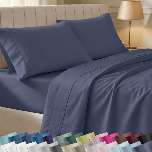 California Design Den King Size Bed Sheets Set - 100% Cotton, 400 TC, Smooth Sateen Finish, Deep Pockets - Indigo Dusty Blue