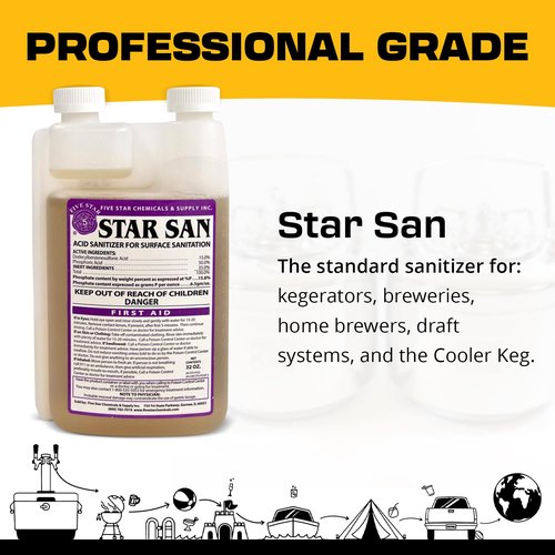 Cooler Keg Star San Cleaner 32oz - No Rinse Food Grade Brewing Sanitizer Rinseless Cleaning Agent for Home Brew, Kegs, Stainless Steel. Acid-based, foaming sanitizer for Beer, Wine, & Mead Equipment