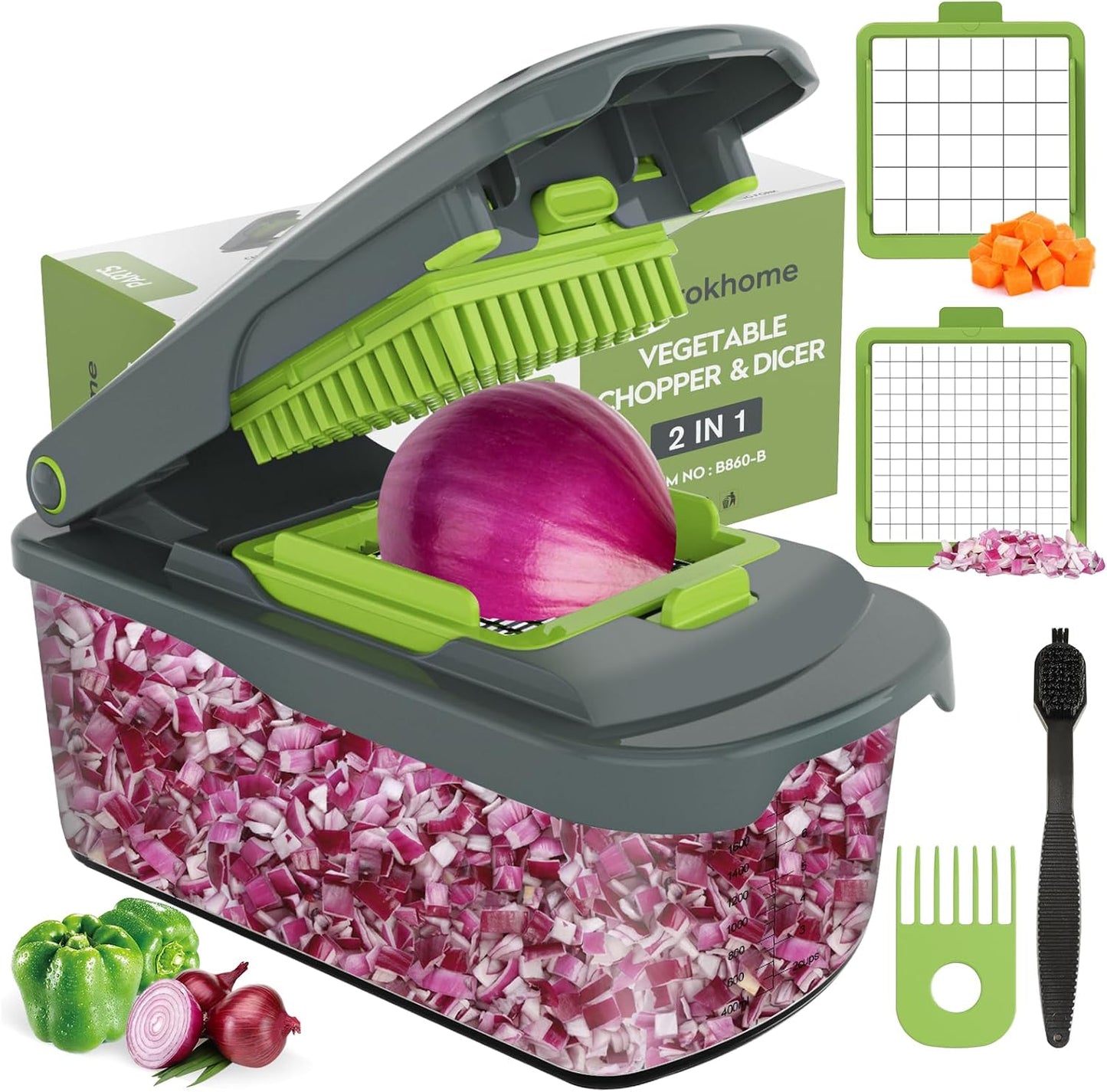 Ourokhome Vegetable Chopper - Manual Hand Dicer with 2 Blades for Potatoes, Onions & Carrots | 2-in-1 Gray Kitchen Gadget