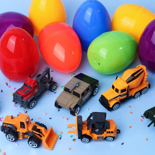 JOYIN 18 Pcs Jumbo Easter Eggs Filled with Die-cast Vehicles, City Cars and Trucks Toy Prefilled Egg for Kids Basket Stuffers, Party Favors and Easter Game