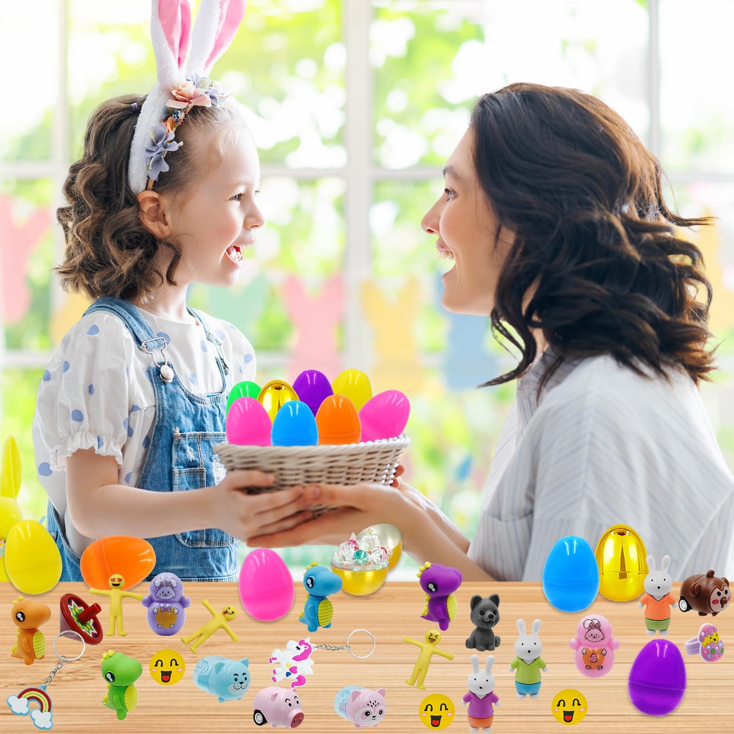 PIONJOY 50PCS Prefilled Easter Eggs with Toys ,50 Plastic Easter Eggs Fillers with Assorted Toys Easter Basket Stuffers for Kid Toddler Boys Girls Party Favors