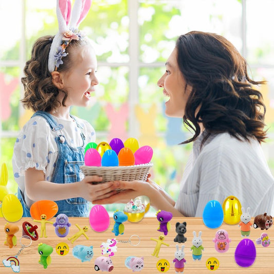PIONJOY 50PCS Prefilled Easter Eggs with Toys ,50 Plastic Easter Eggs Fillers with Assorted Toys Easter Basket Stuffers for Kid Toddler Boys Girls Party Favors