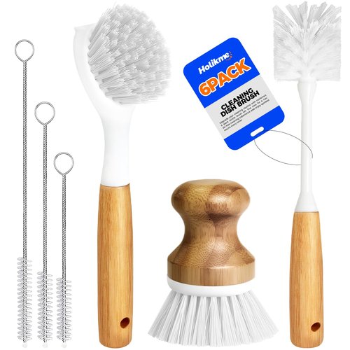 Holikme 6 Pack Dish Brush Scouring Pad Set with Bottle Brush, Dish Brush, Palm Scrub Brush and Straw Brush, Dish Scrubber Long Handle for Dish Bottle Cup Skillet Wok Pot Pan Cast Iron, White
