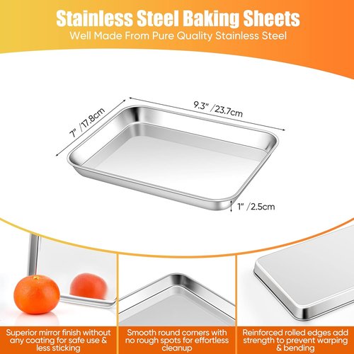 Homikit Baking Sheet Set - 9 x 7 Inches Stainless Steel Cookie Trays | Non-Stick, Rustproof & Dishwasher Safe
