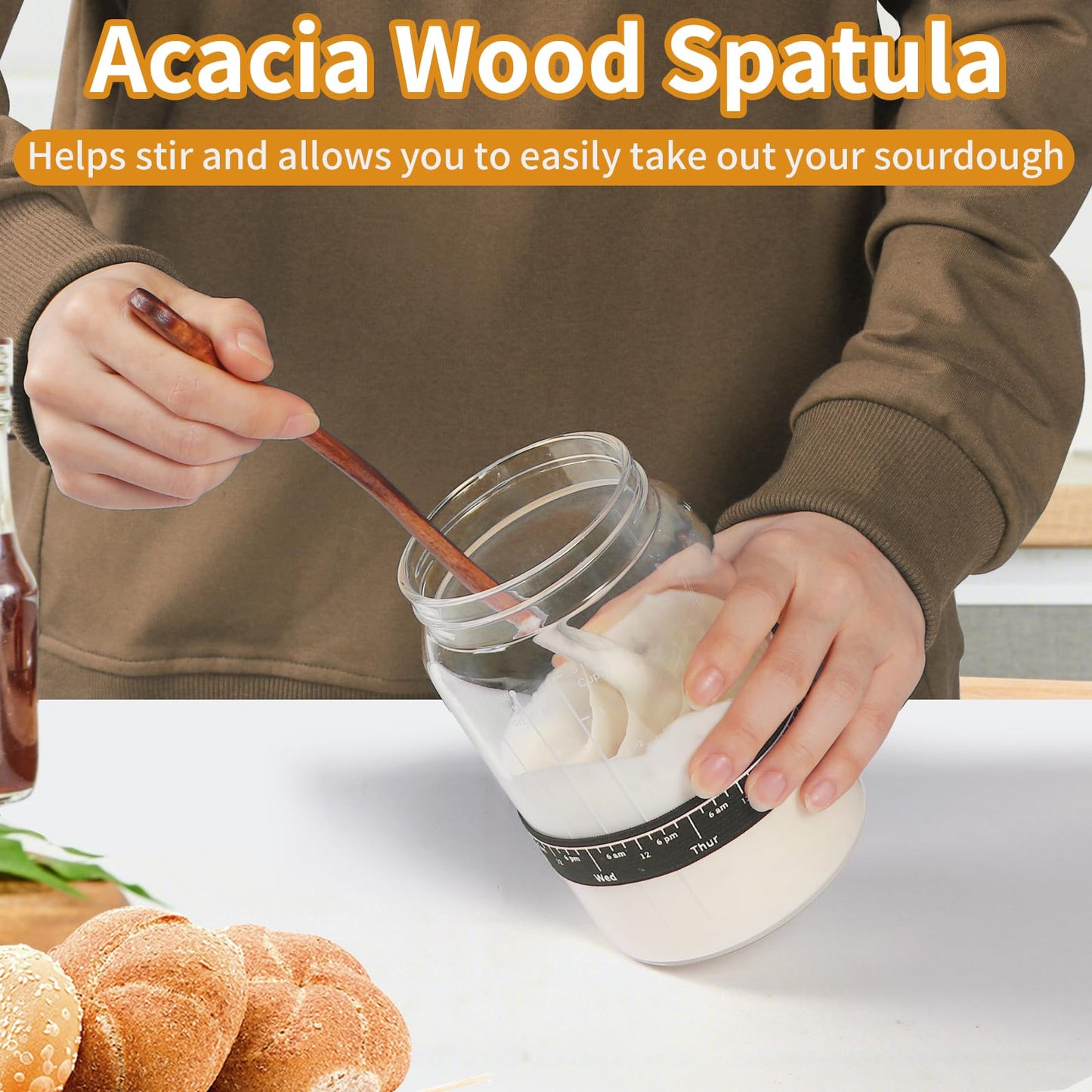 Sourdough Starter Jar Glass, 34 Oz DIY Wide-mouth Pro Sourdough Starter Jar Kit with Acacia Spatula, Cholkboard Sign, Thermometer, Feeding Band, cloth cover, Reusable Sourdough Bread Baking Supplies.