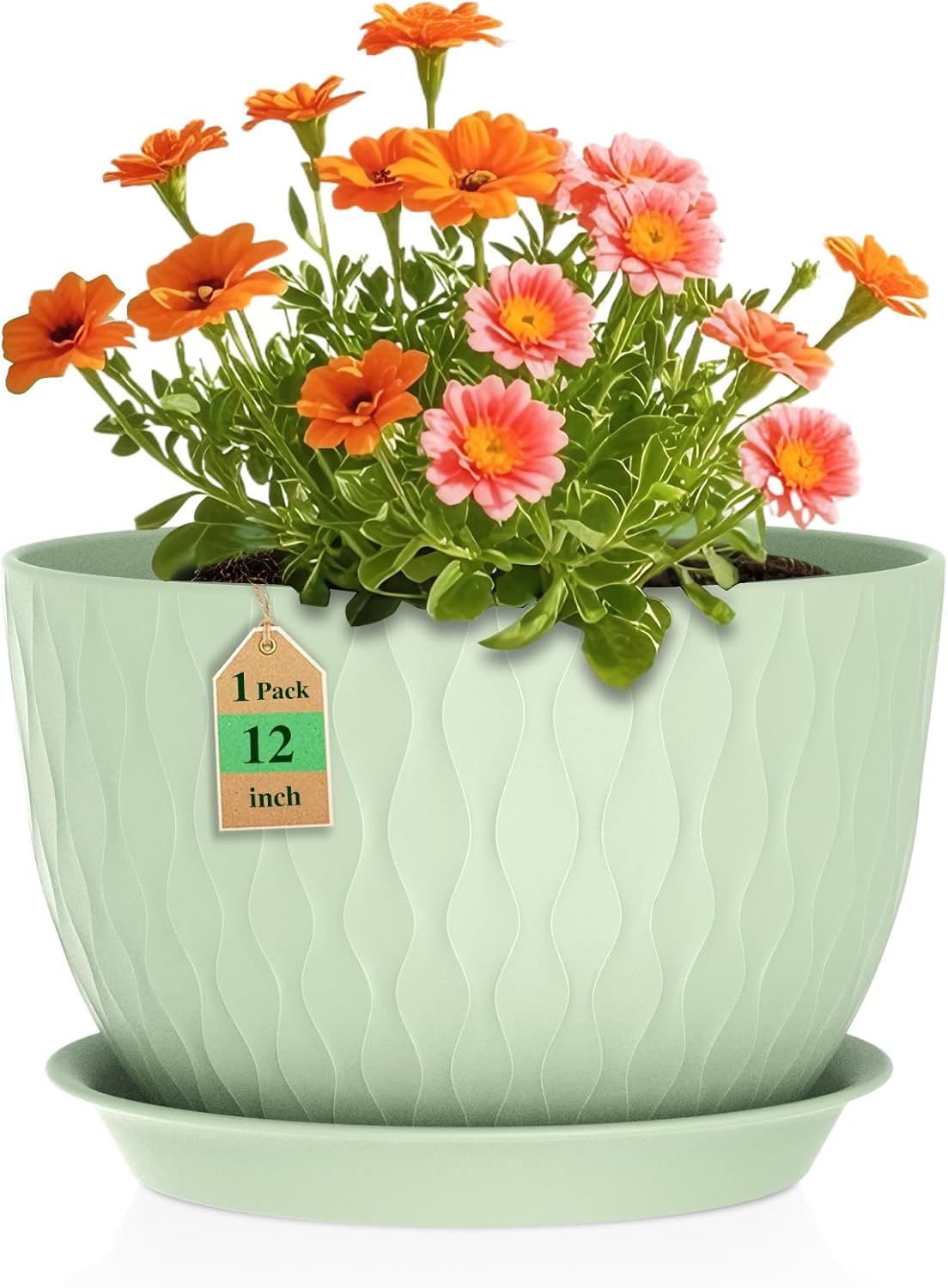 WSMKSZ 12-Inch Large Plant Pots - Stylish Water Ripple Design with Drainage Holes & Saucer | Green Planters for Indoor & Outdoor Use