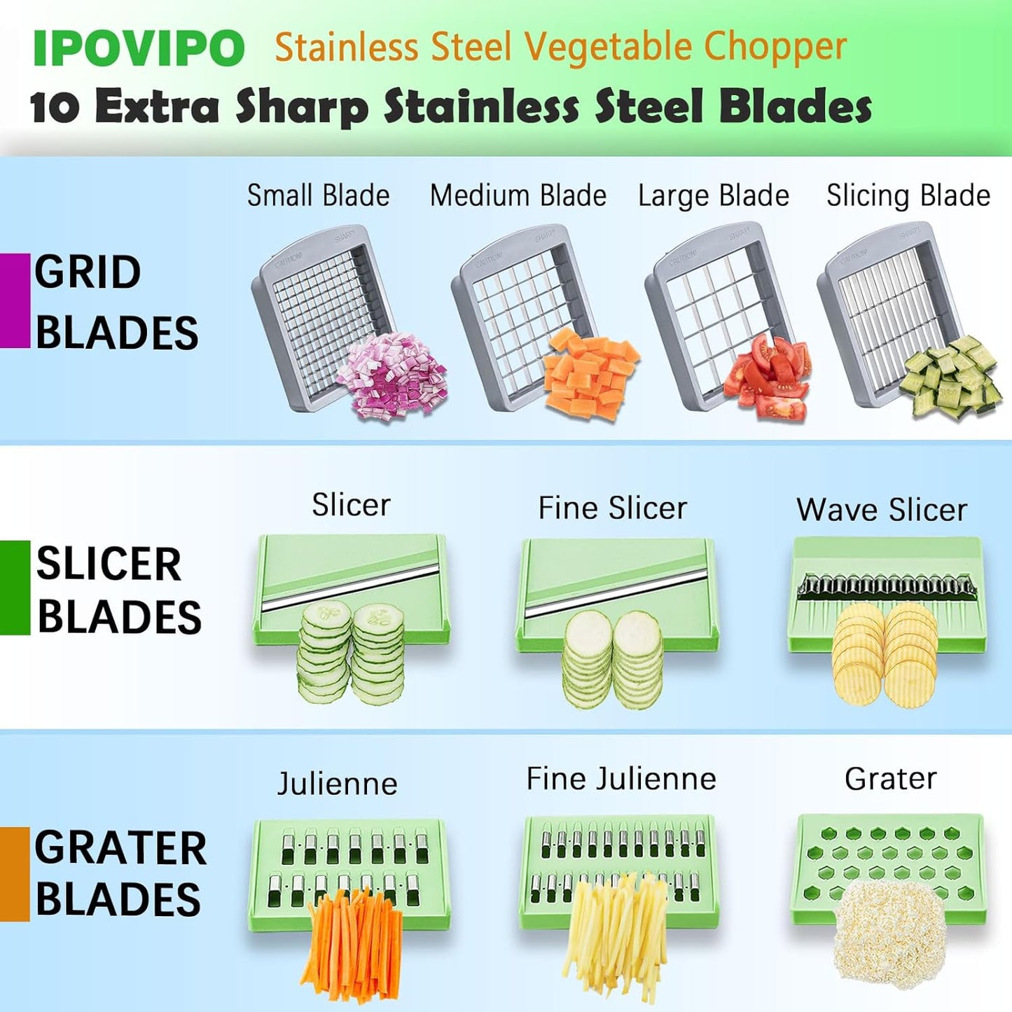 Skiennix Stainless Steel Vegetable Chopper - 10-Blade Onion Dicer with Container & Grater Mandoline Slicer